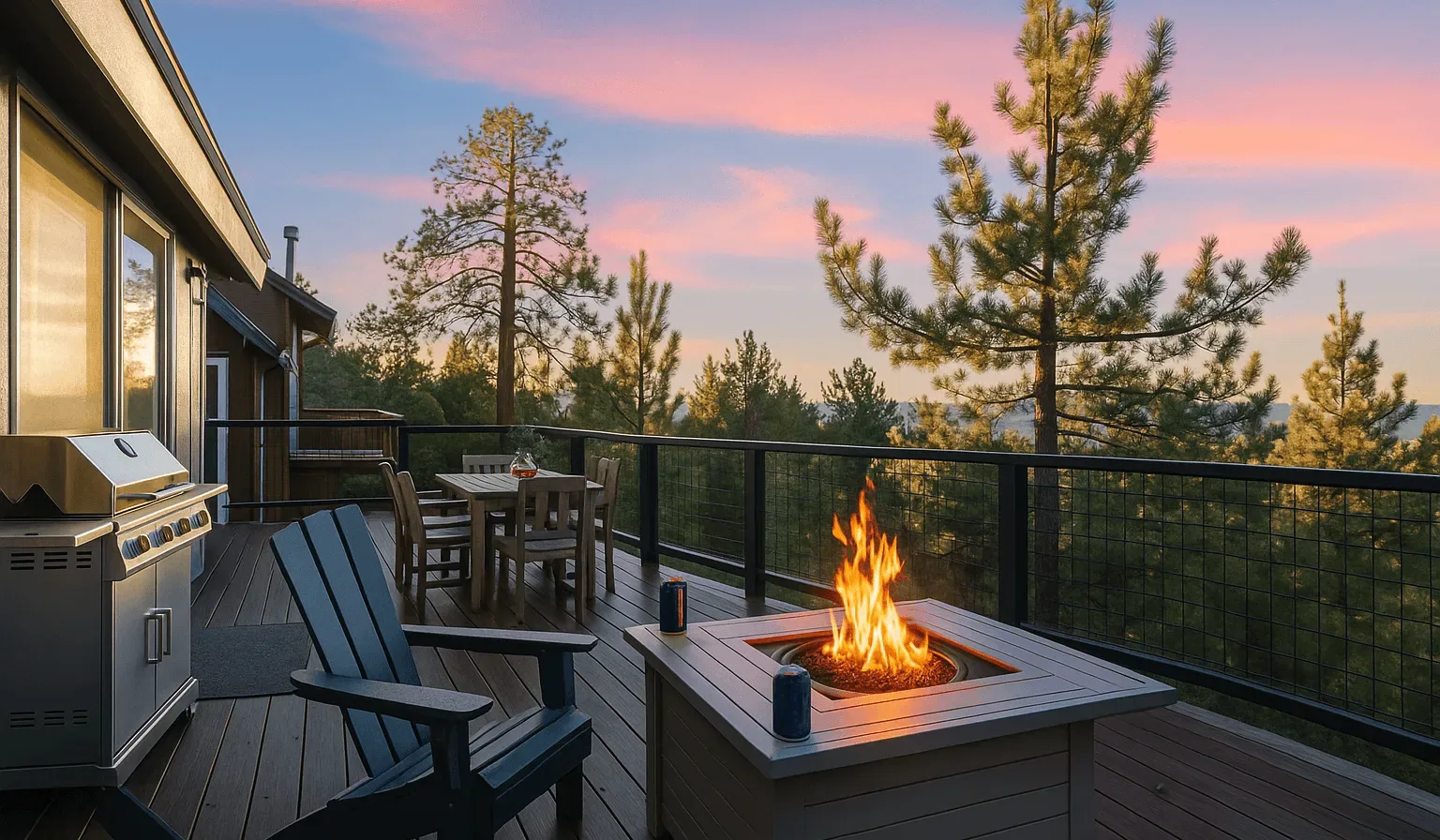 Una terraza al aire libre tiene una fogata, asientos y pinos al atardecer.