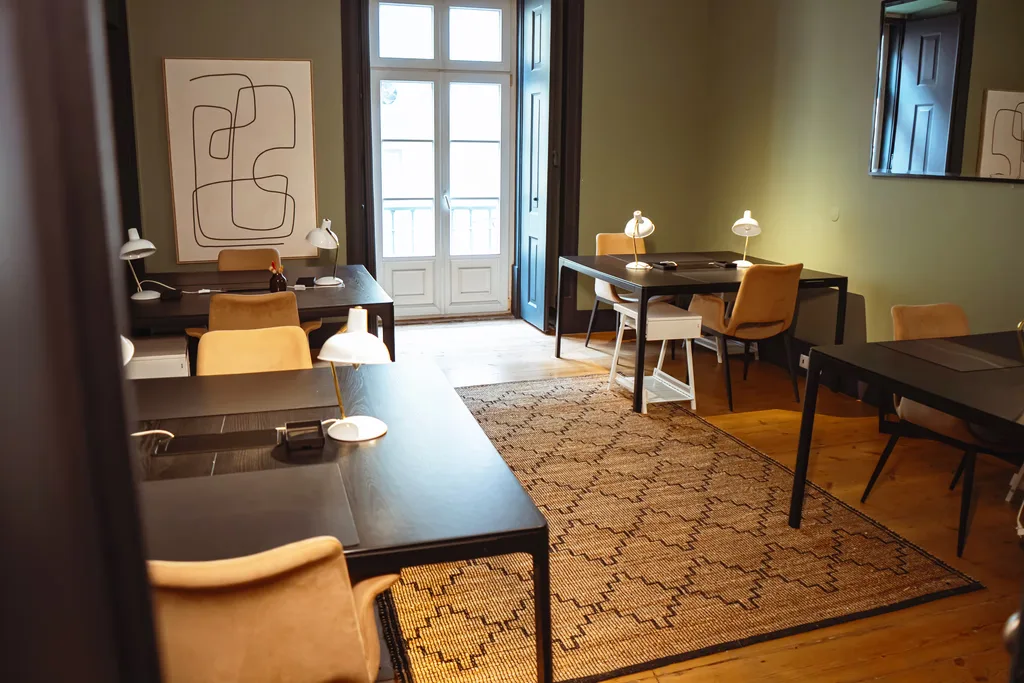 Interior with desks and chairs.