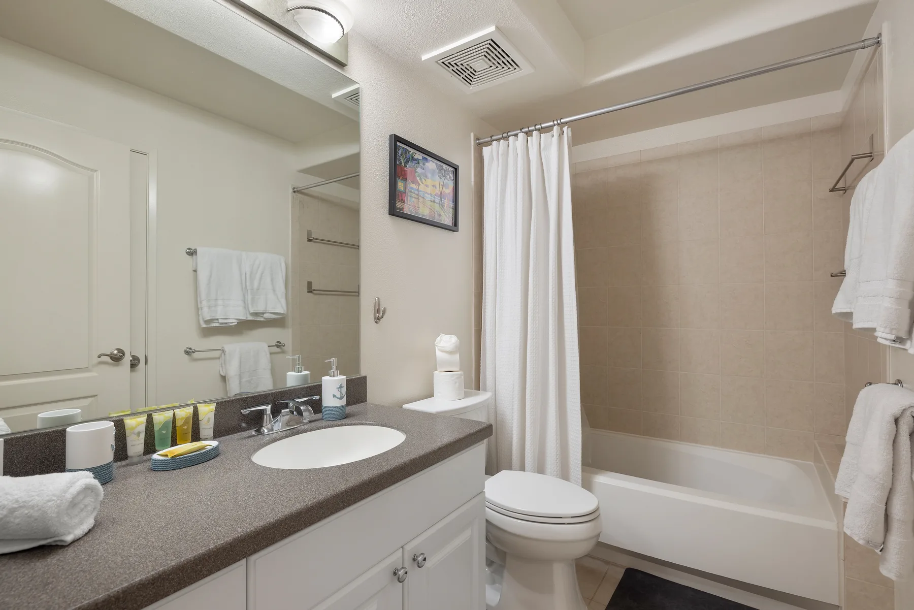 Un baño con una encimera larga, lavabo y bañera con cortina.
