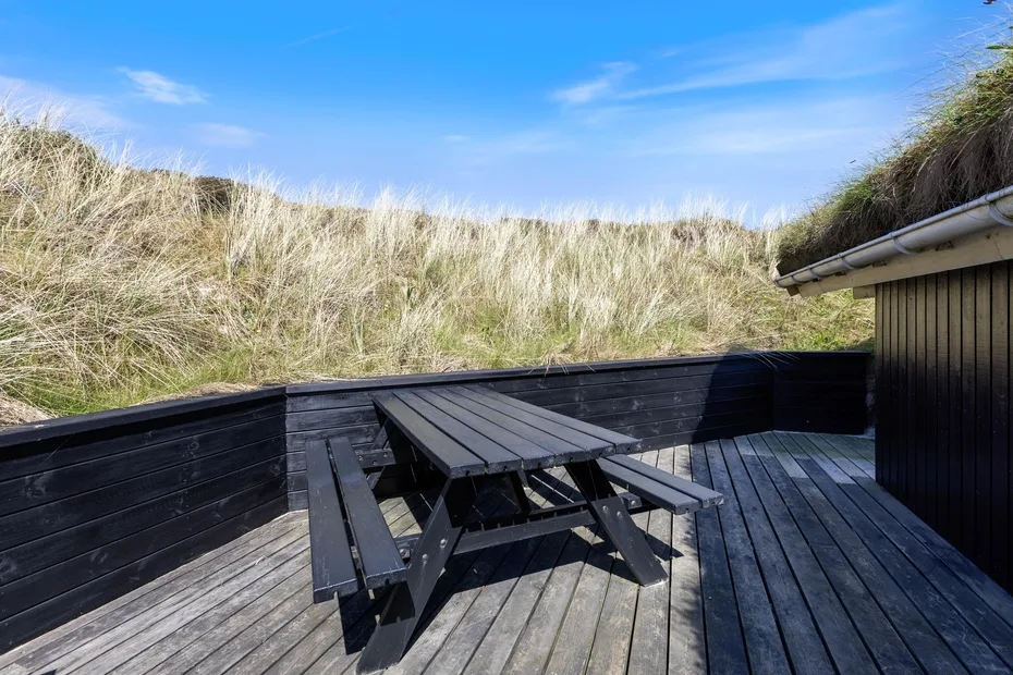 Una terraza exterior con mesa de picnic da a dunas cubiertas de hierba.