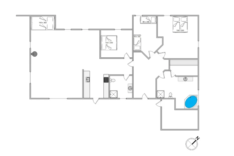 Un plano muestra varias habitaciones, un pasillo central y un baño.