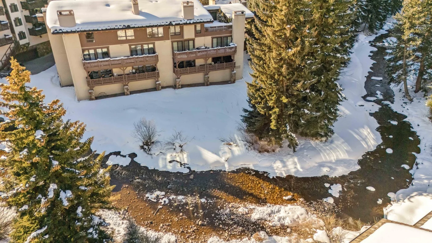 Un edificio de varias plantas se alza junto a un patio nevado y árboles de hoja perenne.