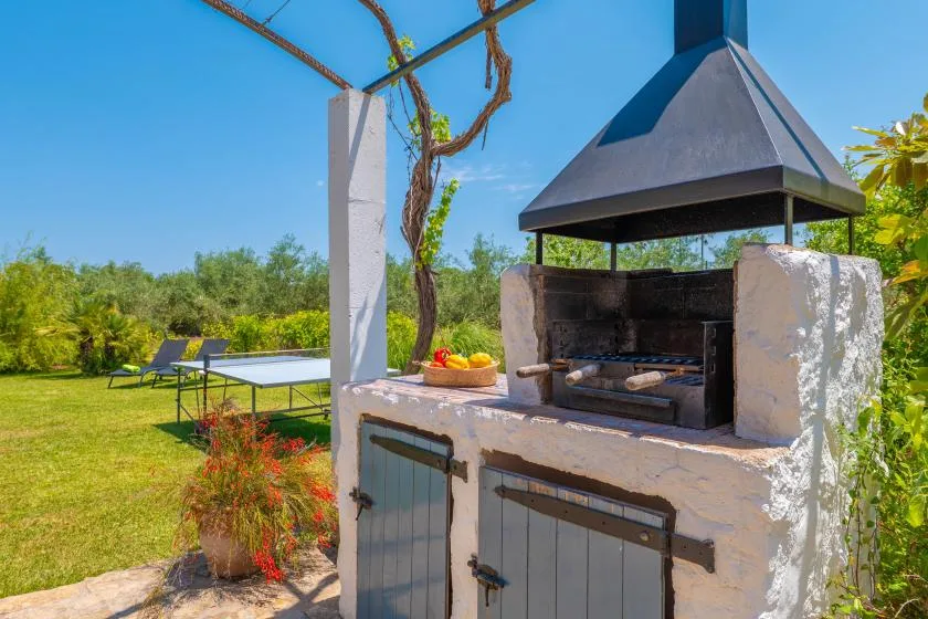 An outdoor barbecue area with a built-in grill beside a grassy garden.