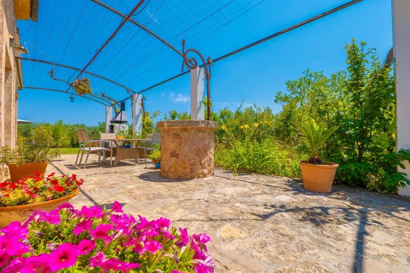 A sunlit stone patio with a round stone feature, outdoor seating, and colorful flowers.