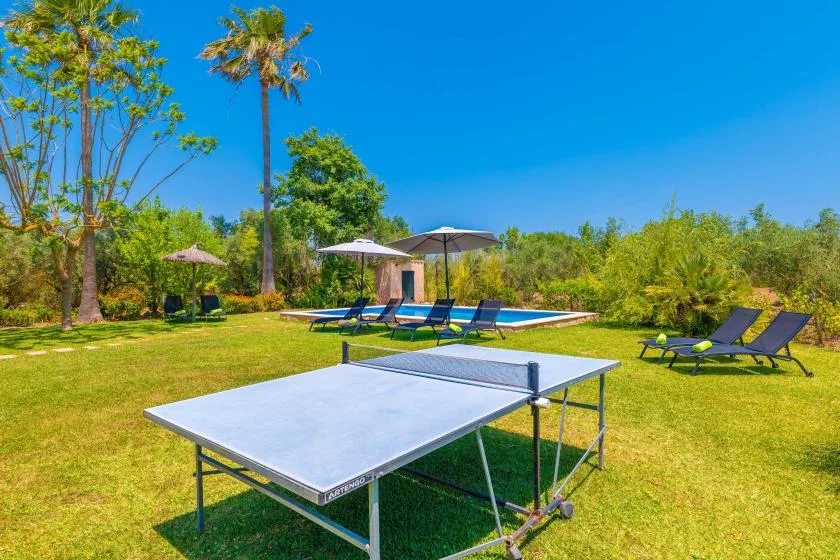 A grassy outdoor recreation area features a table tennis table, loungers, and a swimming pool.