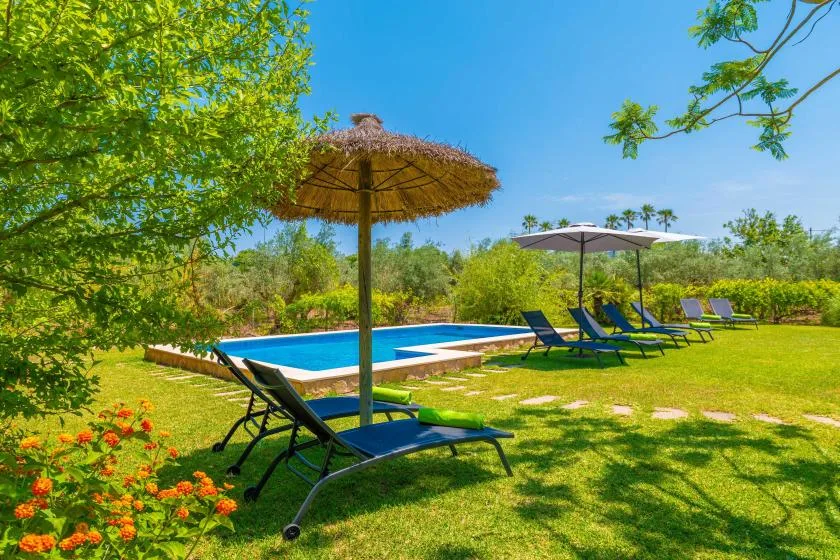 An outdoor swimming pool sits beside a grassy lawn with loungers and umbrellas.