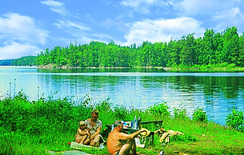 Escena junto a un lago con personas sentadas en la orilla cubierta de hierba.