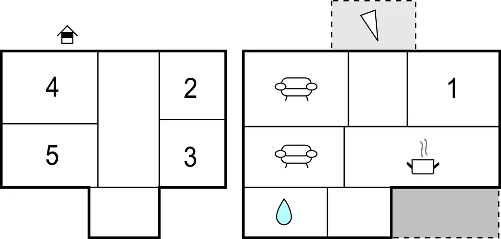 Un plano en blanco y negro muestra habitaciones numeradas, asientos y un símbolo de gota de agua.