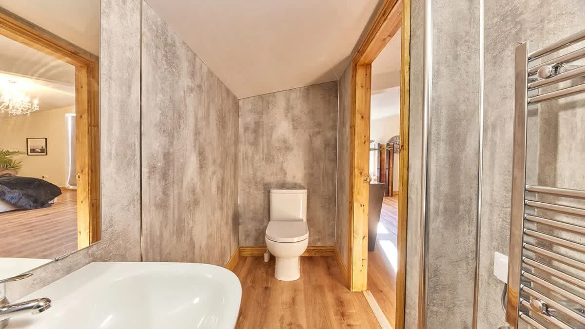 A bathroom with a toilet, sink, and wood-look flooring.