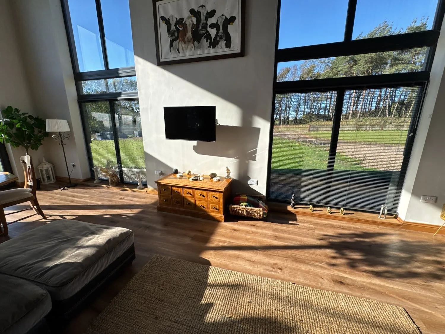 A bright living room with a television, low wooden cabinet, and large windows.