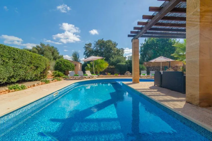 Una piscina al aire libre está junto a un patio sombreado con asientos.