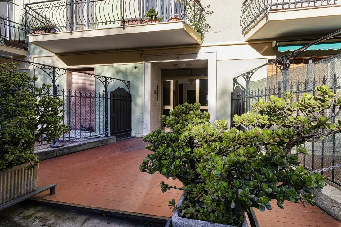 Un patio de entrada exterior con suelo de baldosas, una puerta oscura y plantas frondosas.