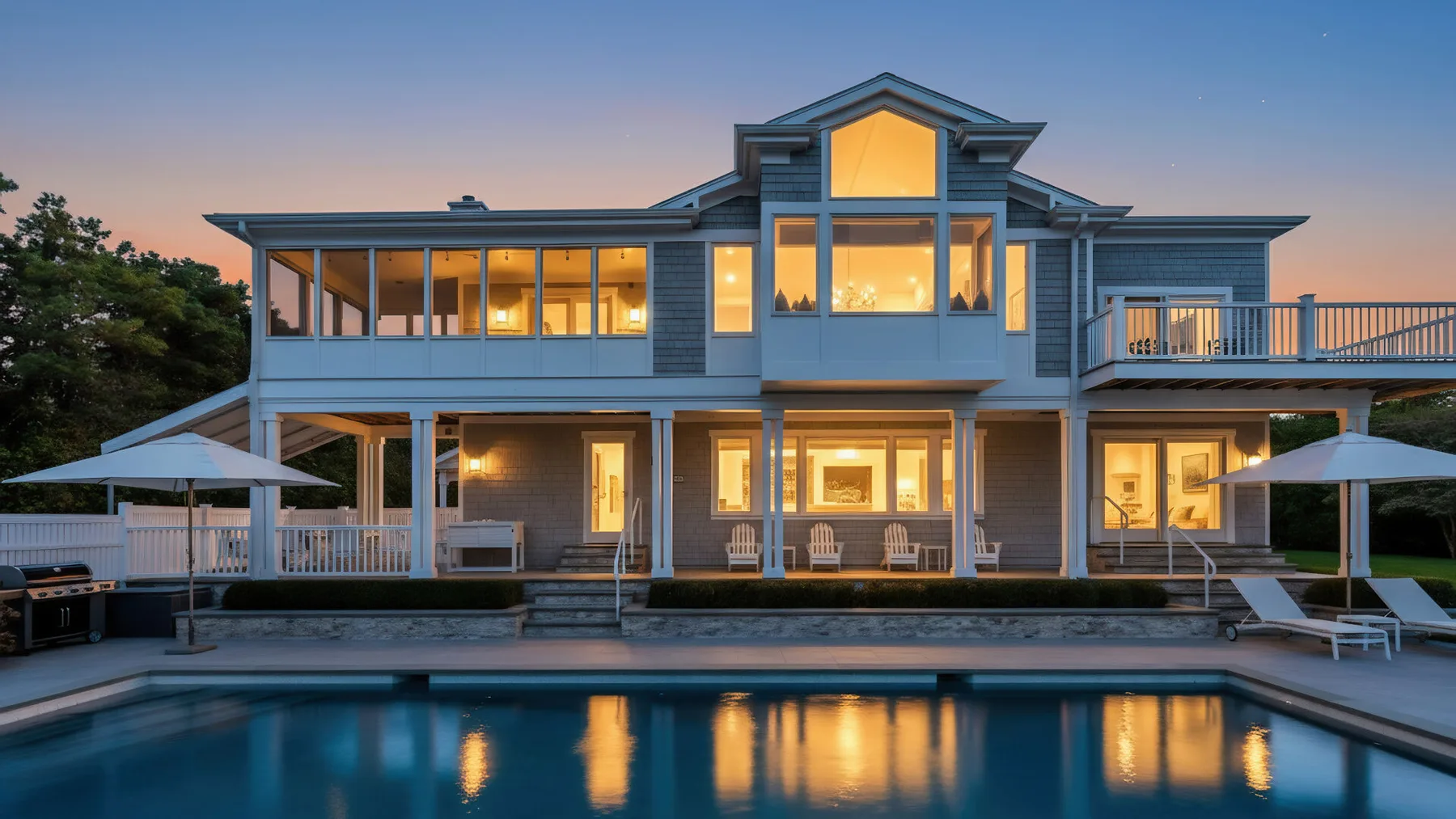 Una casa grande da a una piscina al anochecer, con luces encendidas en las ventanas.