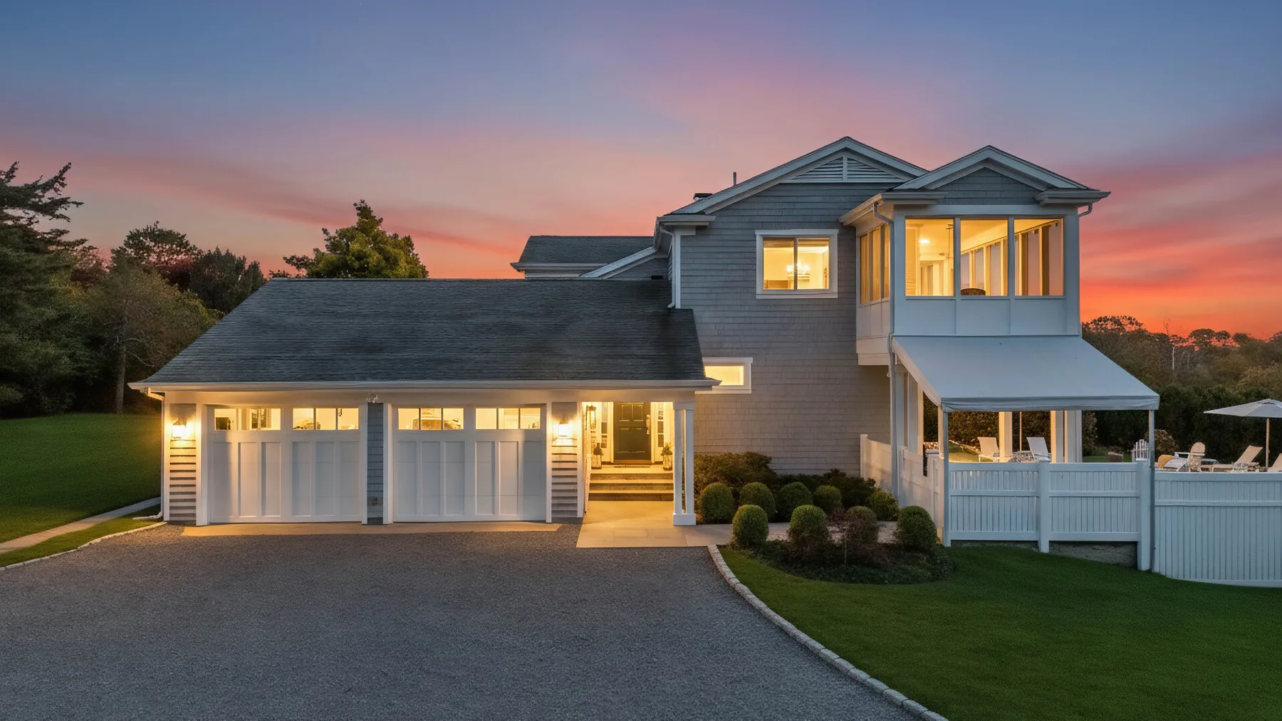 Exterior de una casa grande al atardecer, con ventanas iluminadas y una entrada para vehículos.