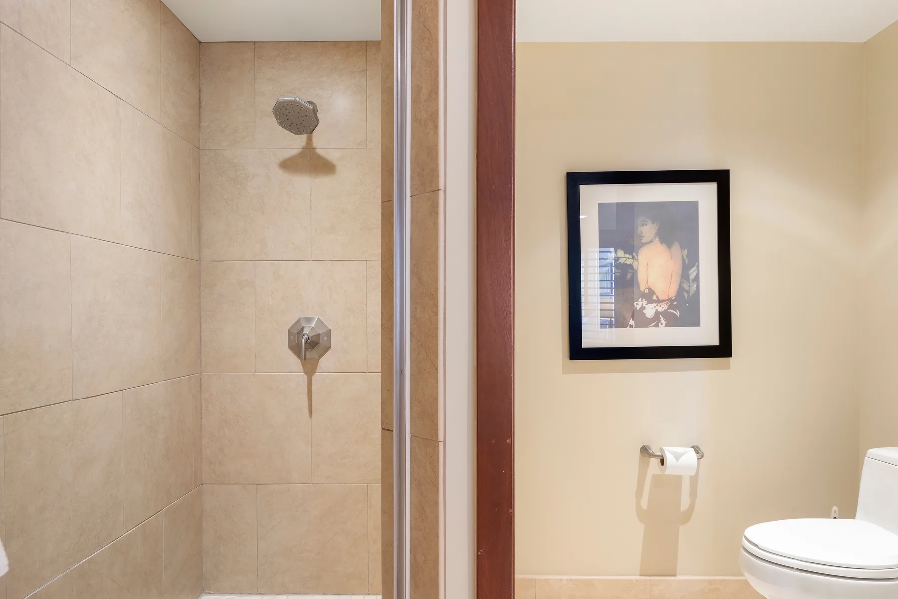 Un baño con una ducha alicatada, un inodoro y una imagen enmarcada en la pared.