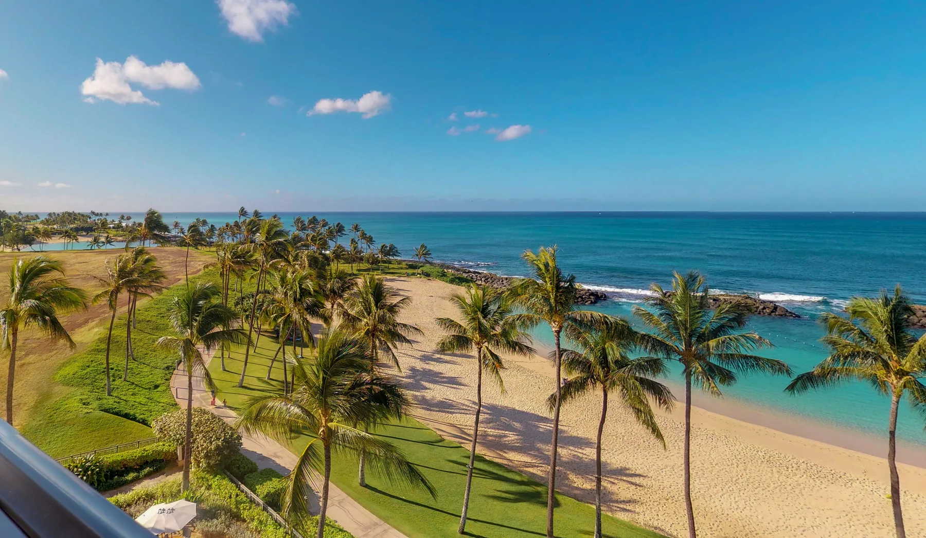 Una playa tropical con palmeras y olas bajo un cielo azul.