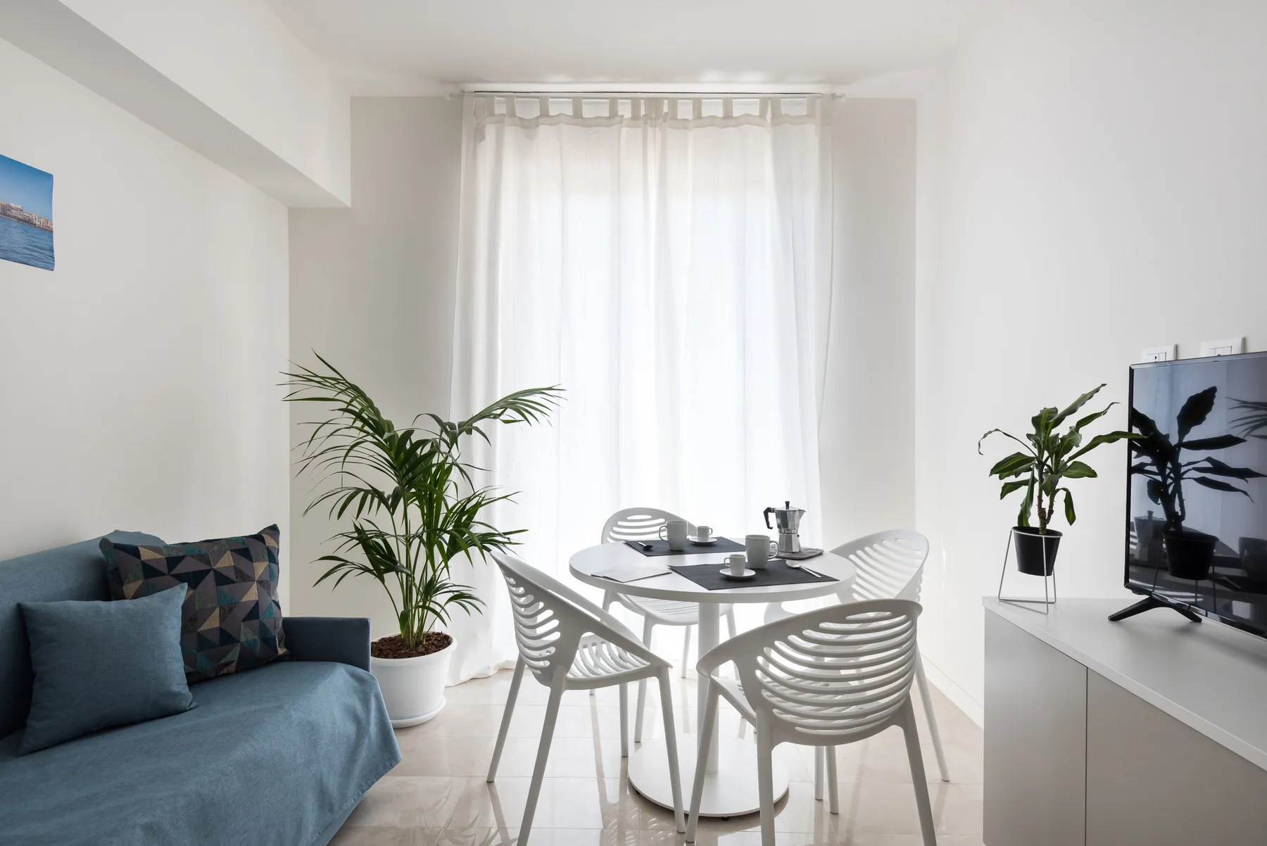 A bright living and dining area has a table, seating, plants, and a television.