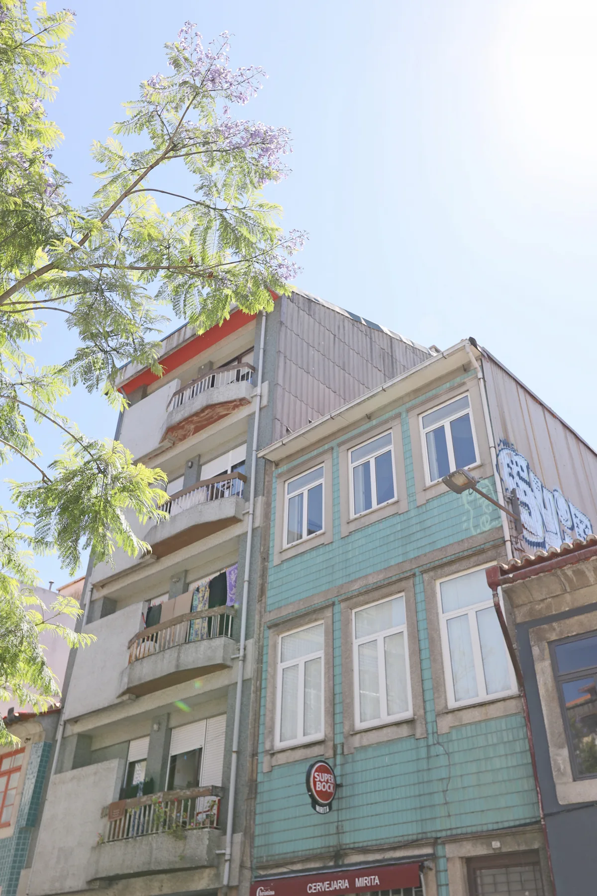A multistory building with a turquoise facade and balconies beneath leafy branches.