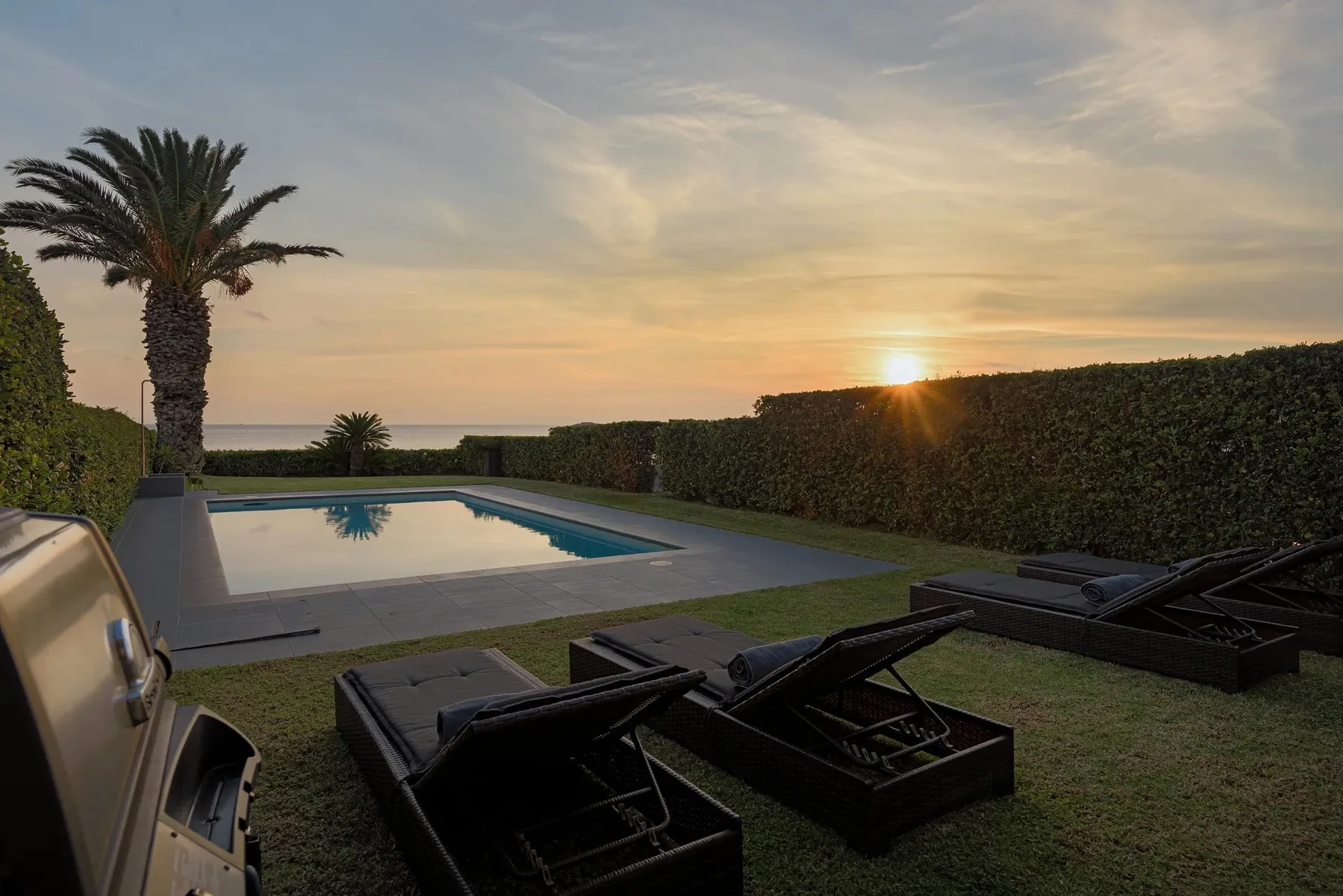 A backyard pool and lounge seating sit beside a tall hedge at sunset.