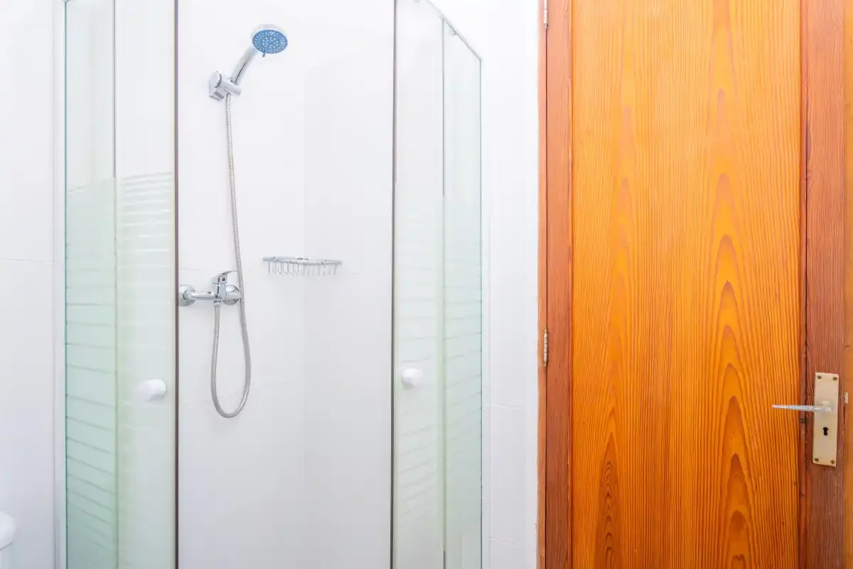 Una ducha de baño junto a una puerta de madera.