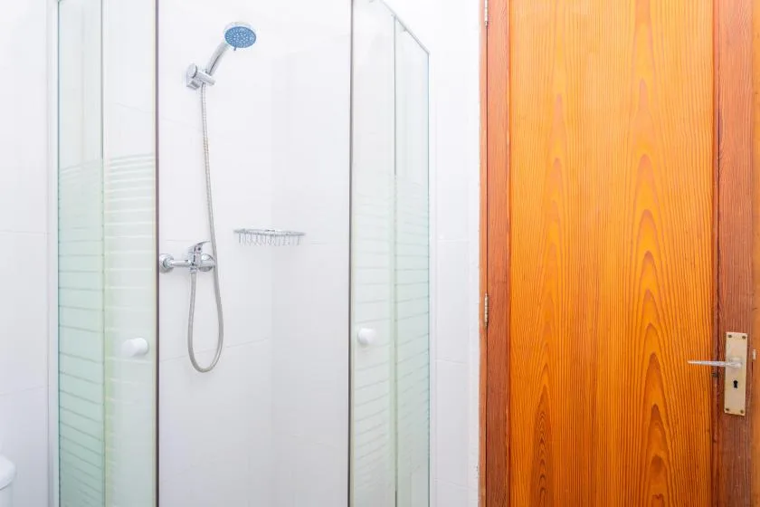 Una ducha de baño junto a una puerta de madera.