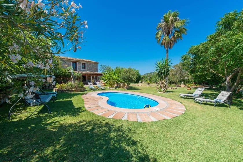 A garden surrounds a swimming pool, with lounge seating and trees nearby.