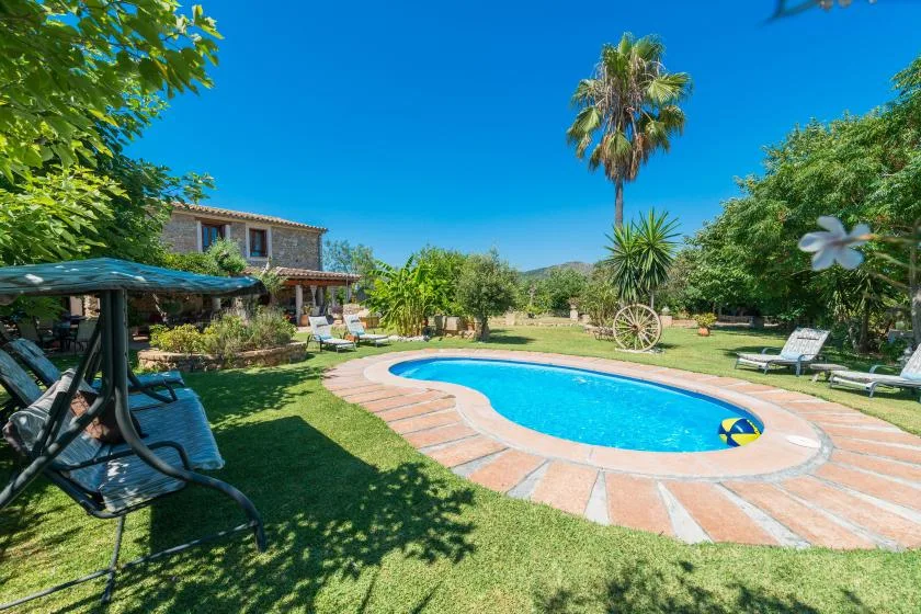 A swimming pool sits in a sunny garden with trees and outdoor seating.