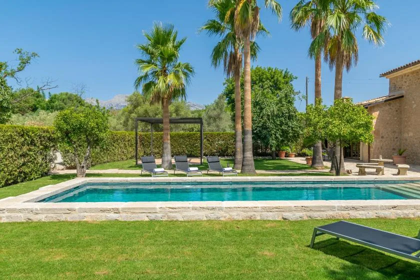 An outdoor swimming pool is surrounded by lawn, palm trees, and seating.