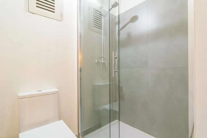 A bathroom with a glass shower and a toilet.