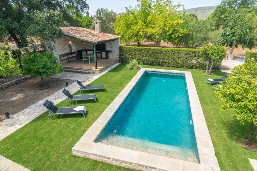 A rectangular swimming pool sits in a green garden beside a covered patio.