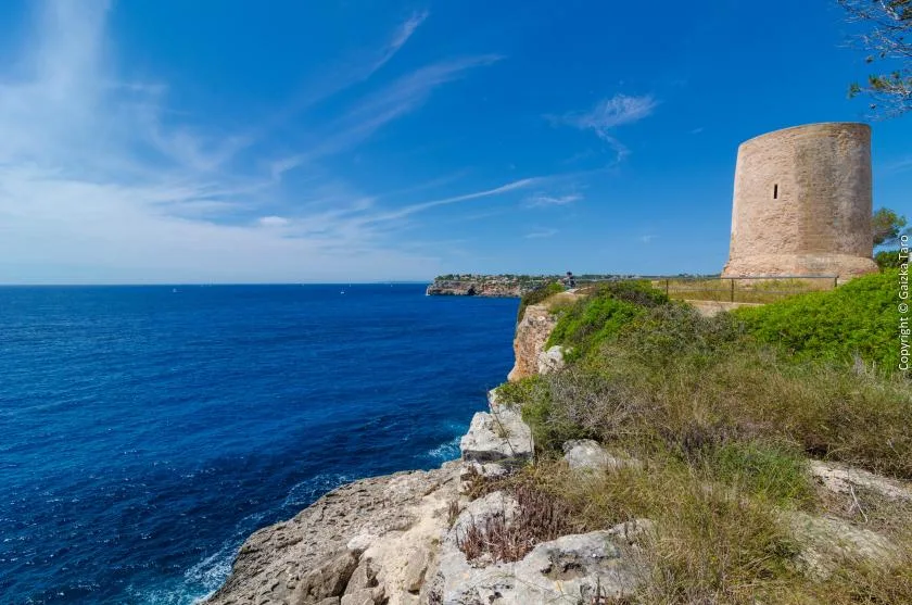 Coastal scene with a stone tower overlooking the sea from a rocky, grassy headland.
