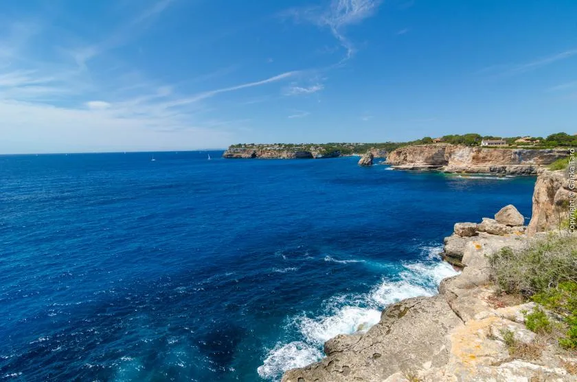 A coastal cliff overlooks blue ocean water and rocky shoreline.