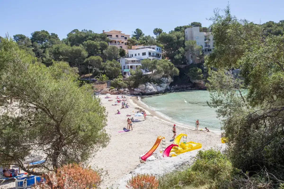 A small beach with swimmers and colorful water slides, surrounded by trees and buildings.
