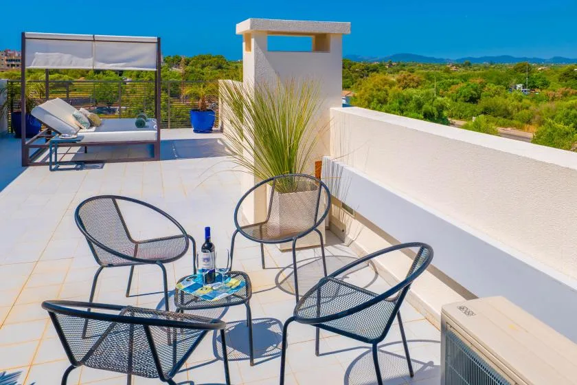 Una terraza en la azotea con asientos al aire libre y una planta en maceta.