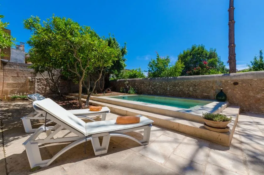 A stone patio with lounge seating beside a small outdoor swimming pool.
