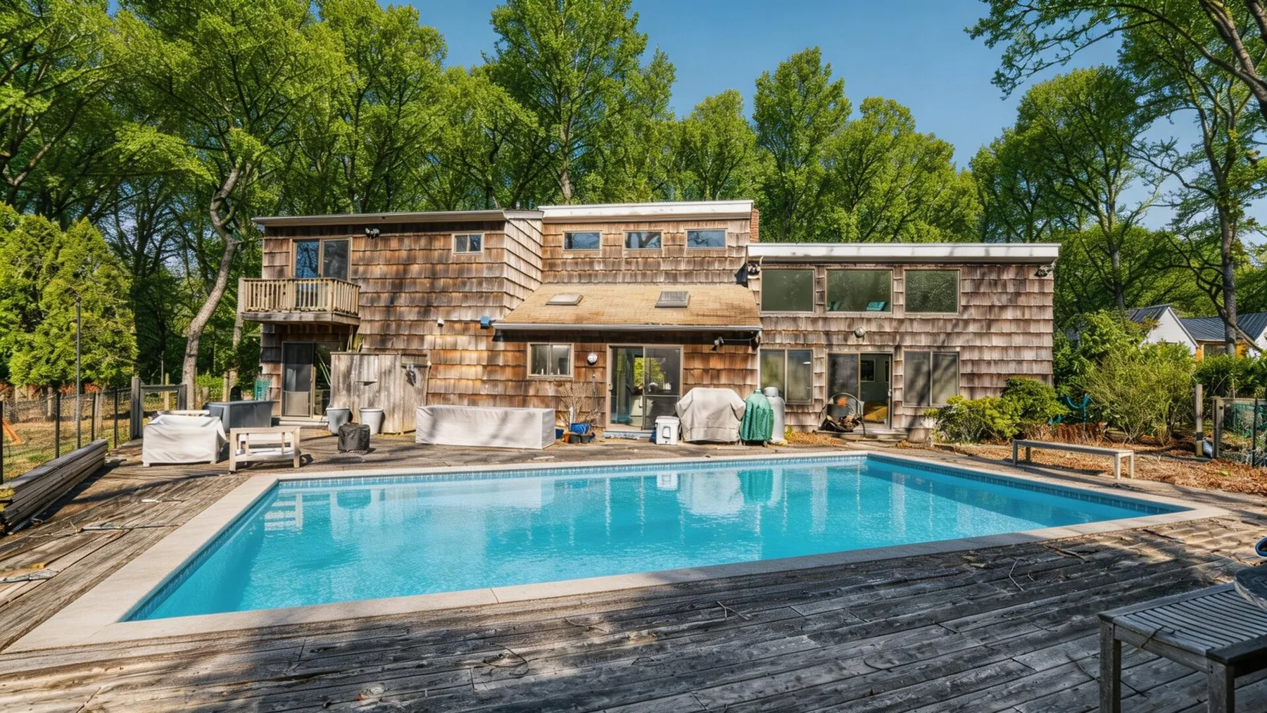 Una amplia piscina al aire libre está junto a una casa moderna y una terraza de madera.