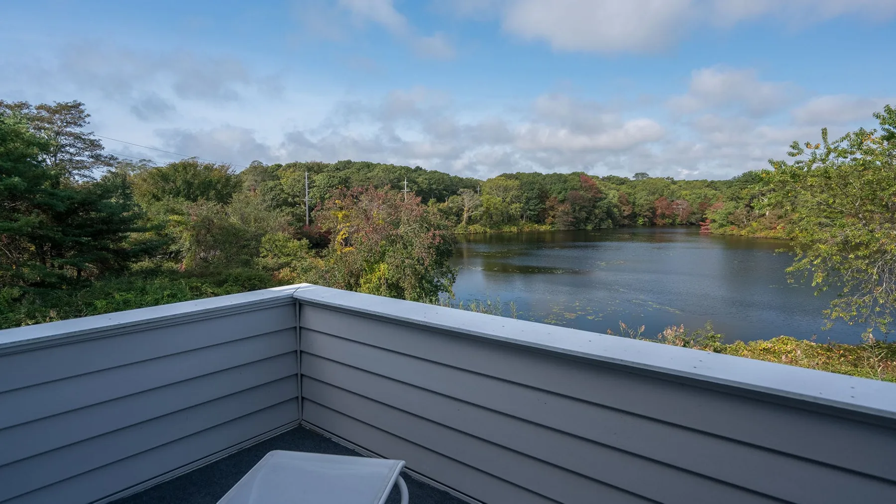 Una terraza exterior da a un lago bordeado de árboles.