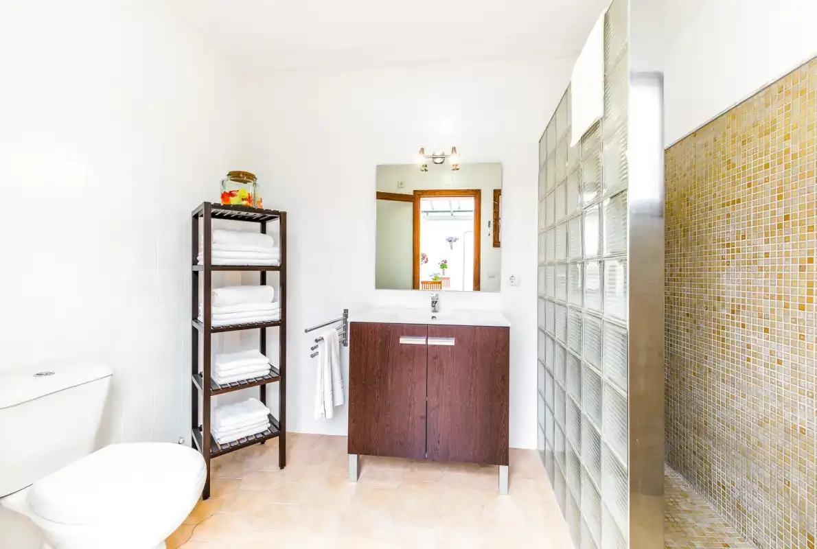 A bright bathroom with a vanity, open shelving, and a glass-block partition.