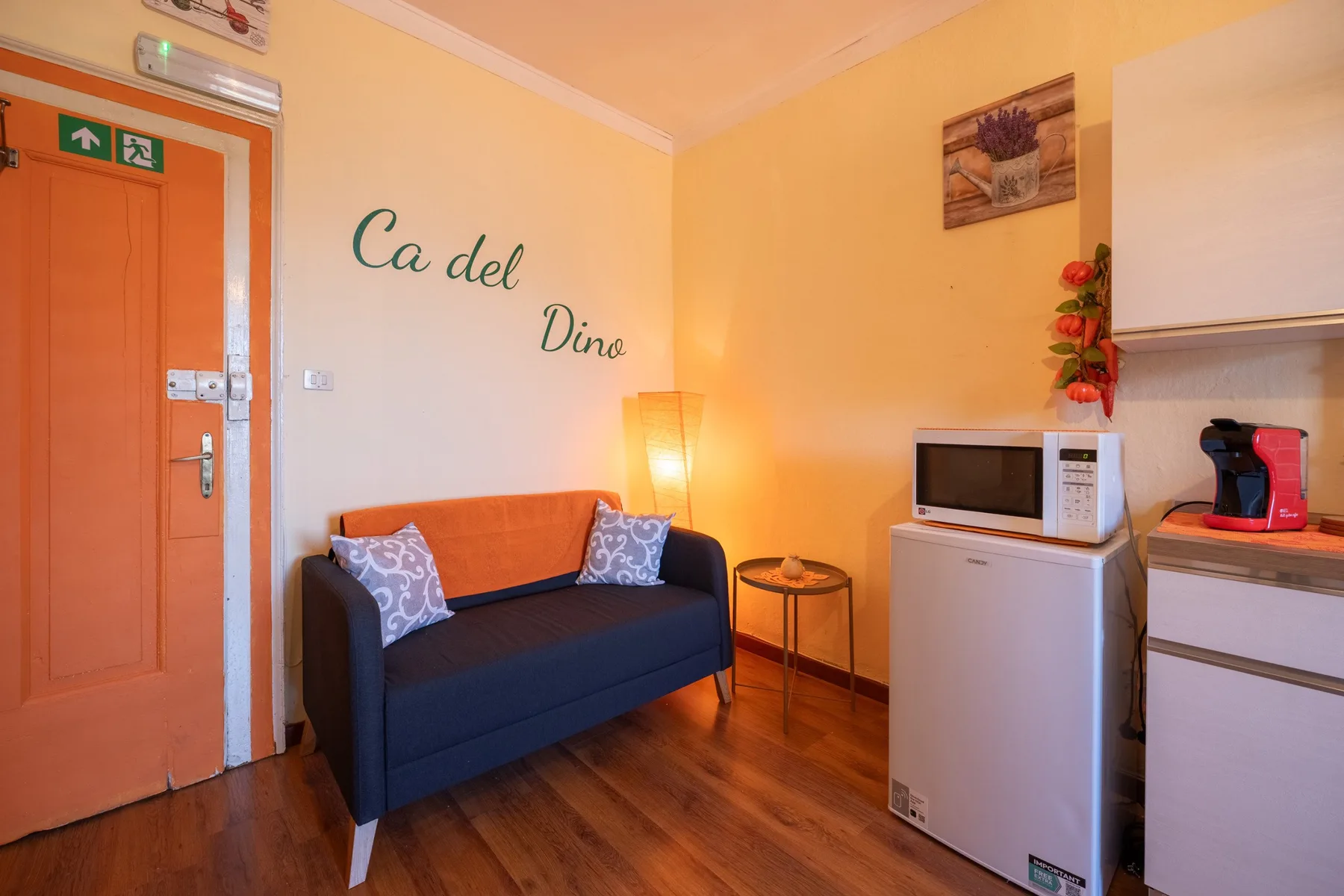A small living area with a sofa, floor lamp, and compact kitchenette.
