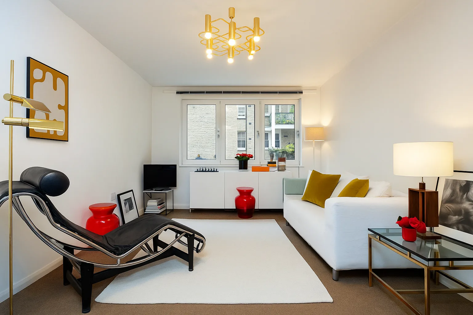 A bright living room with a white seating area and a lounge chair.
