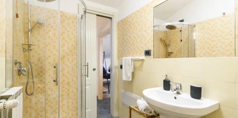 A bathroom with a glass shower, a large mirror, and a white sink.