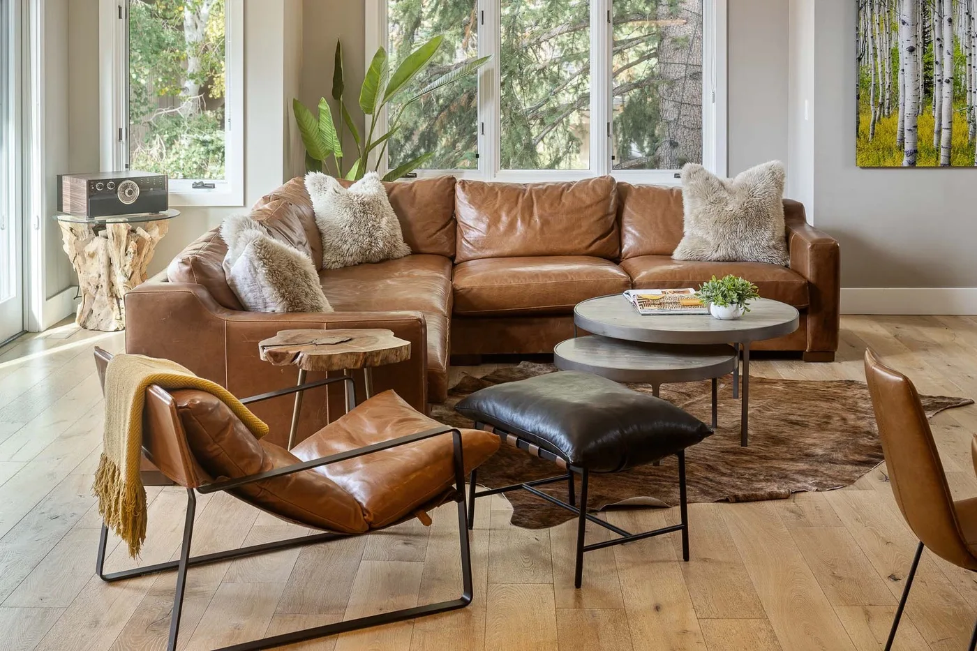 A bright living room with a sectional sofa, lounge chairs, and a round coffee table.