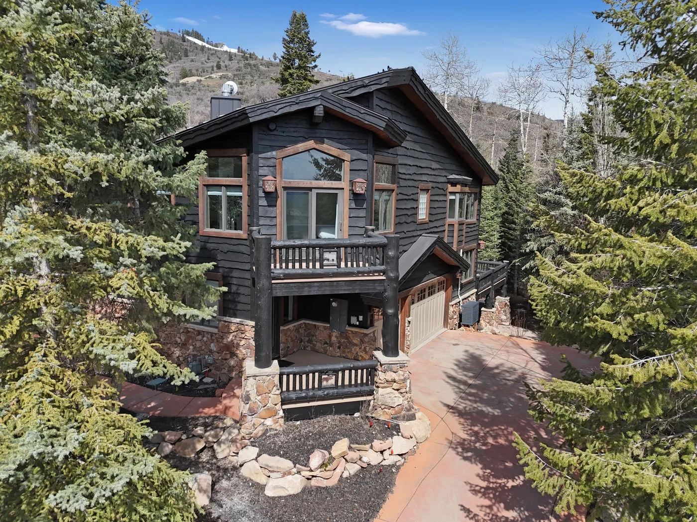 A dark timber cabin stands among trees beside a curving driveway.