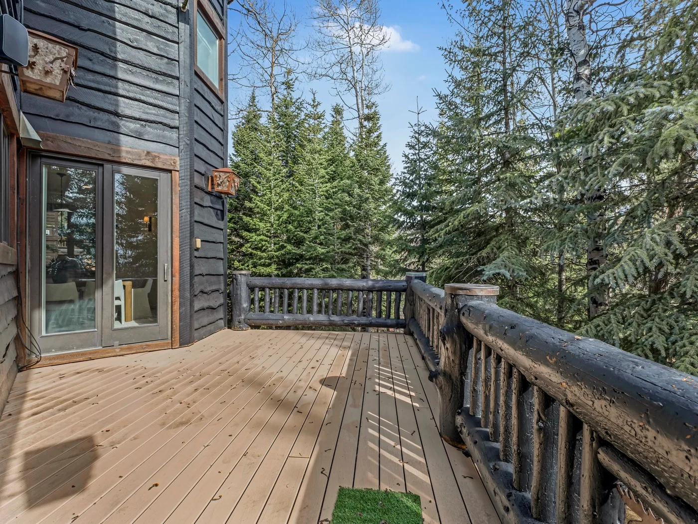 A wooden deck beside a dark-sided building overlooks a stand of evergreen trees.