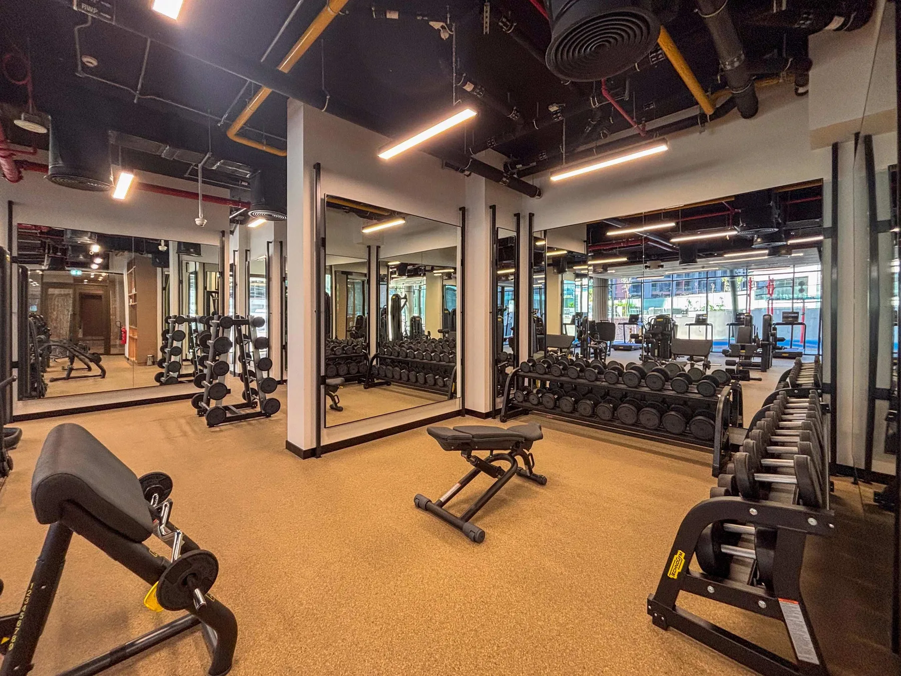 Un gimnasio con paredes de espejos, soportes de pesas y equipo de ejercicio.
