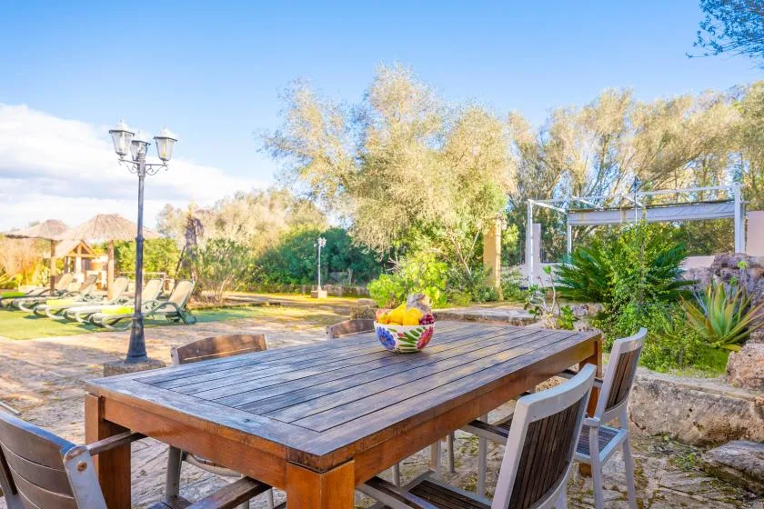 An outdoor dining area with a wooden table and seating, surrounded by trees and garden plants.