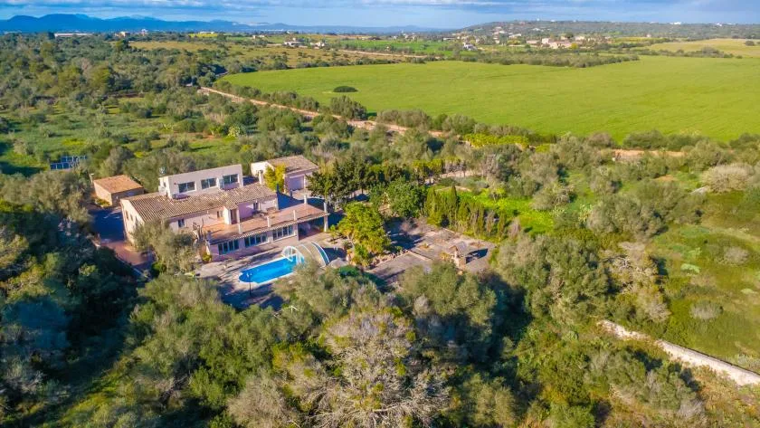 An aerial view shows a large house among trees beside open fields.