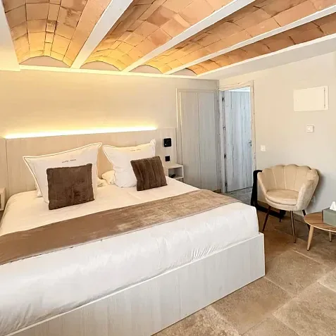 Habitación doble con cama matrimonial y techo