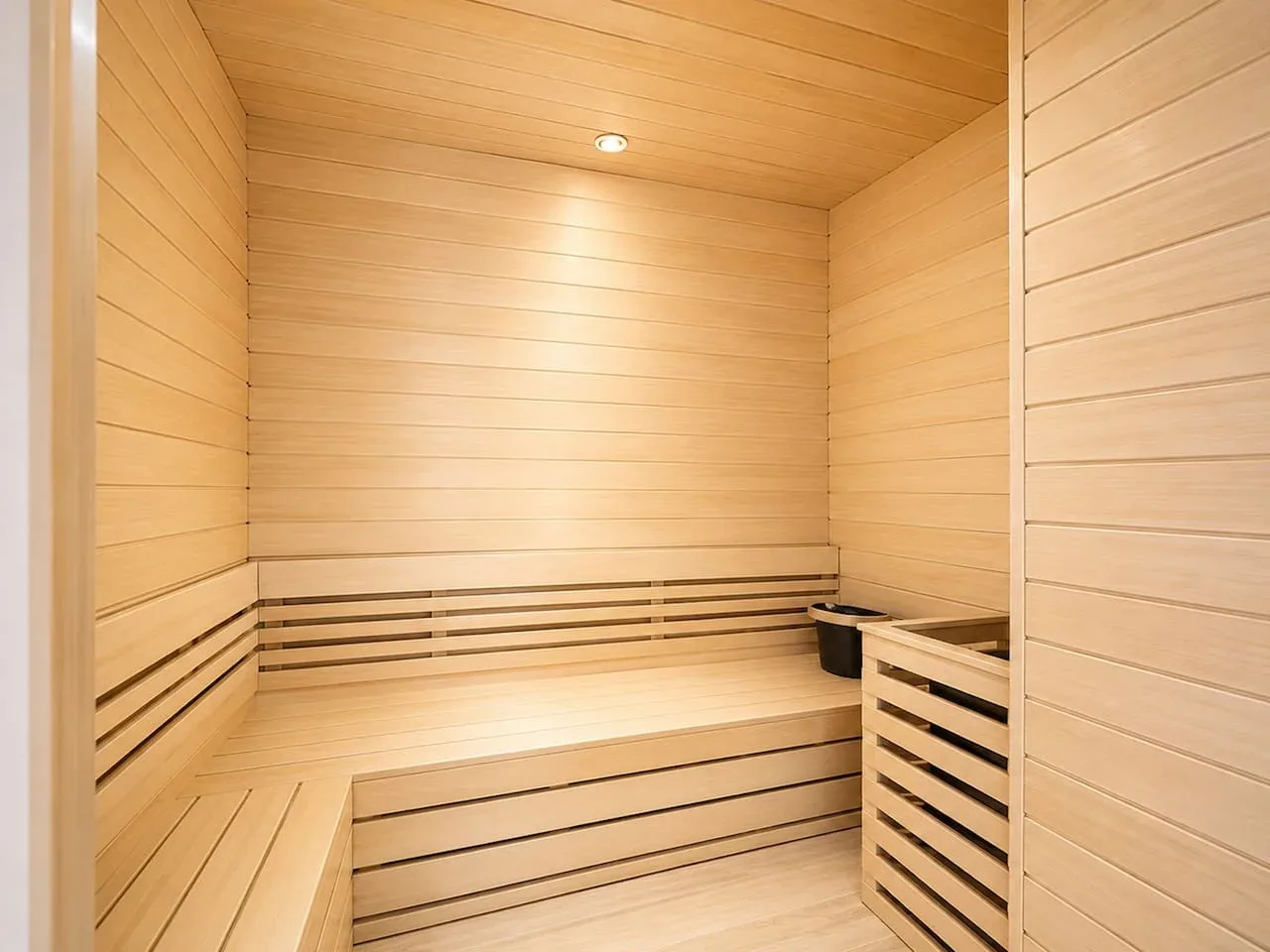 Una sauna revestida de madera, con bancos escalonados y una pequeña luz en el techo.
