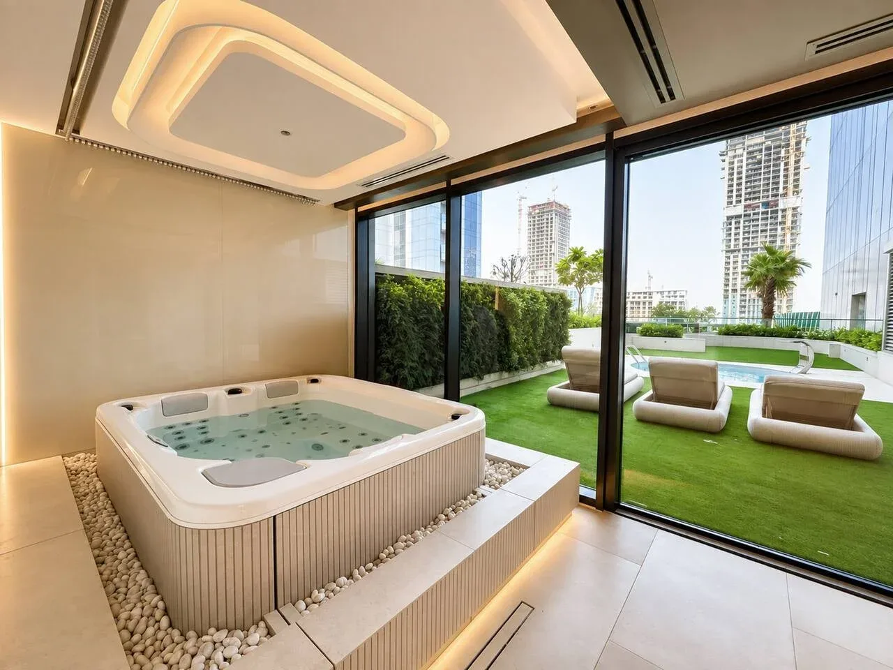 Un espacio de spa con una bañera de hidromasaje junto a ventanales y un césped.